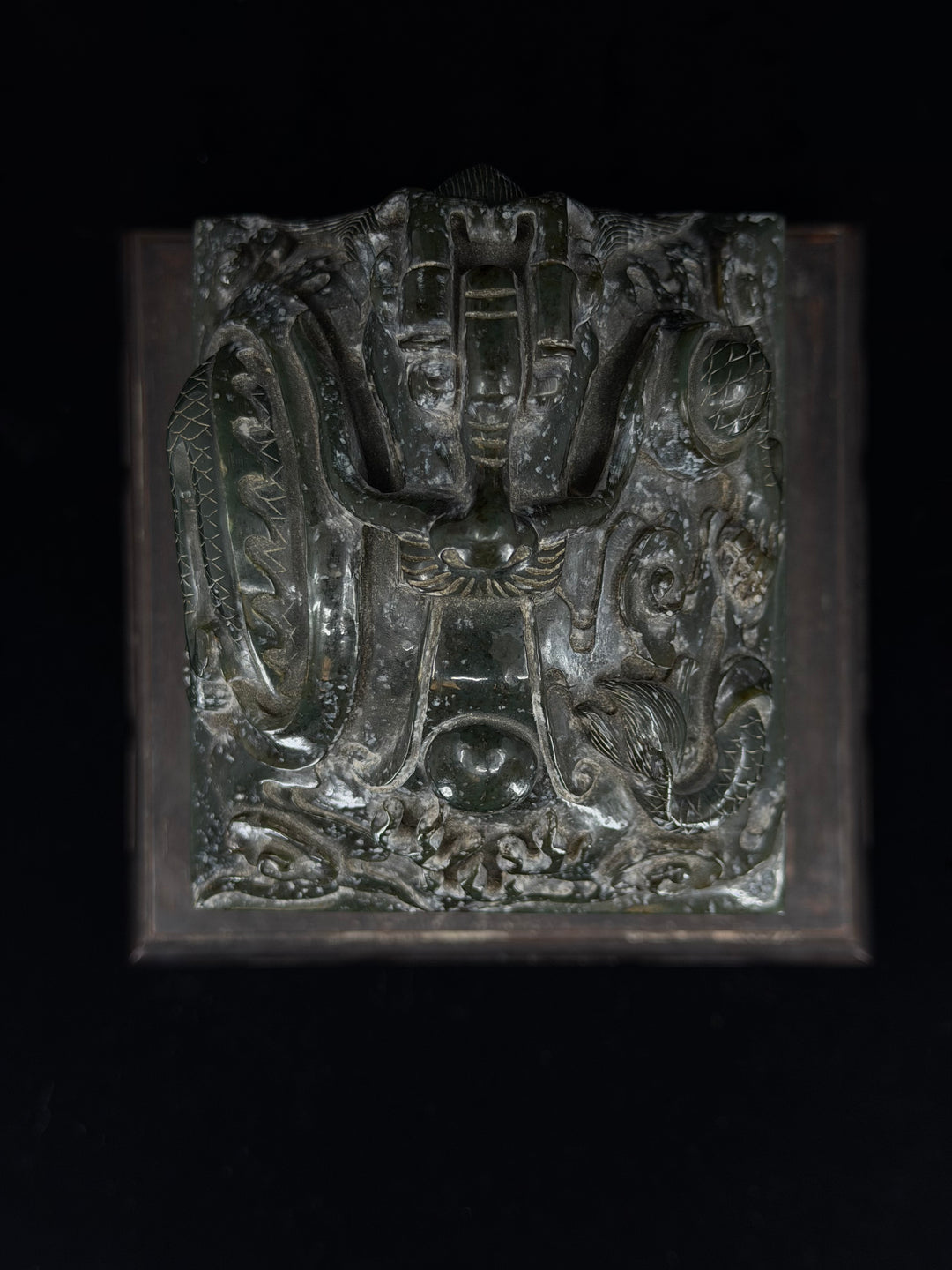 Large Chinese Carved Green Stone Dragon Seal / Chop Set with Matching Paste Box and Wood Stand