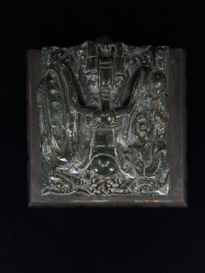 Large Chinese Carved Green Stone Dragon Seal / Chop Set with Matching Paste Box and Wood Stand