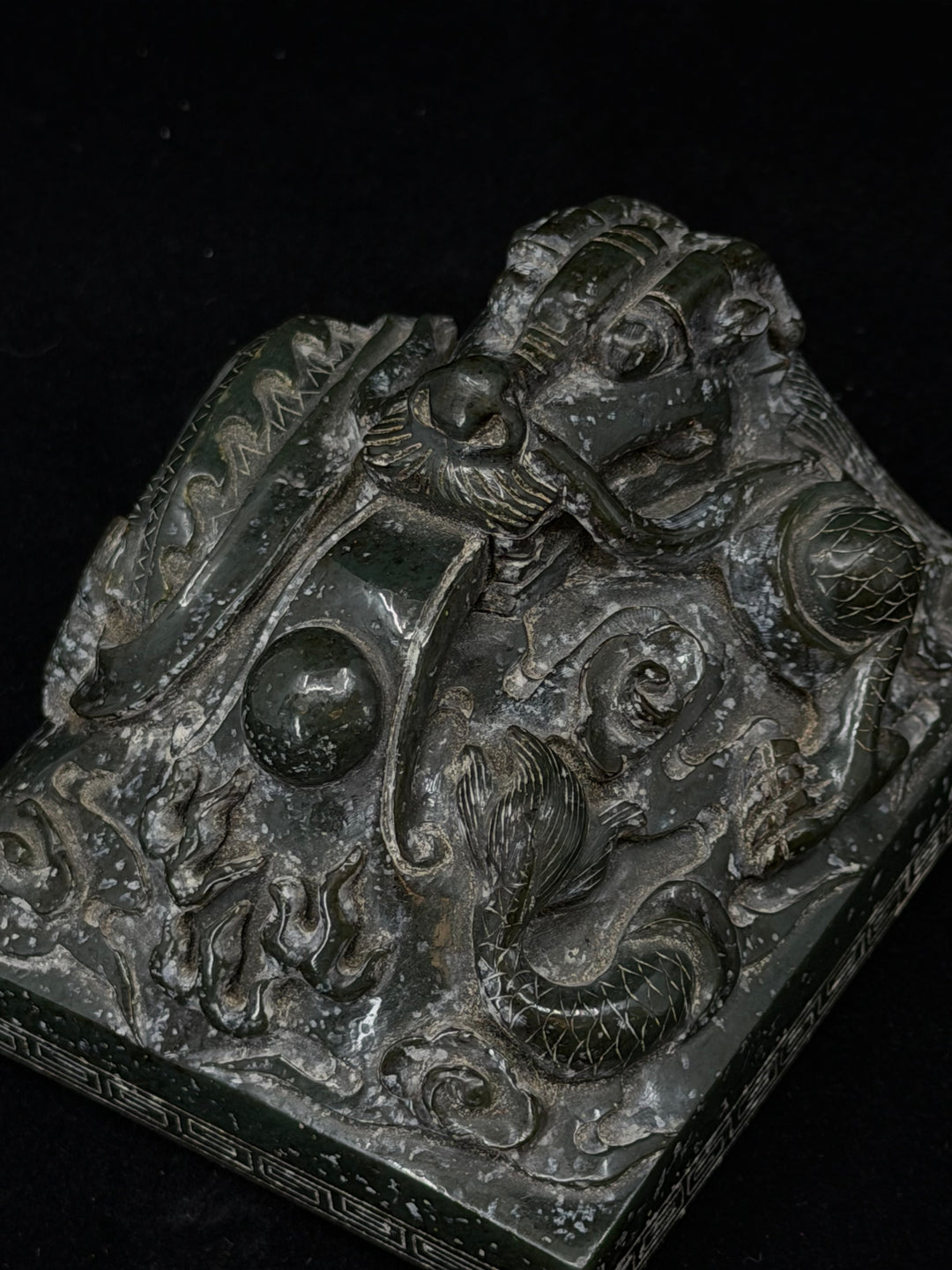 Large Chinese Carved Green Stone Dragon Seal / Chop Set with Matching Paste Box and Wood Stand