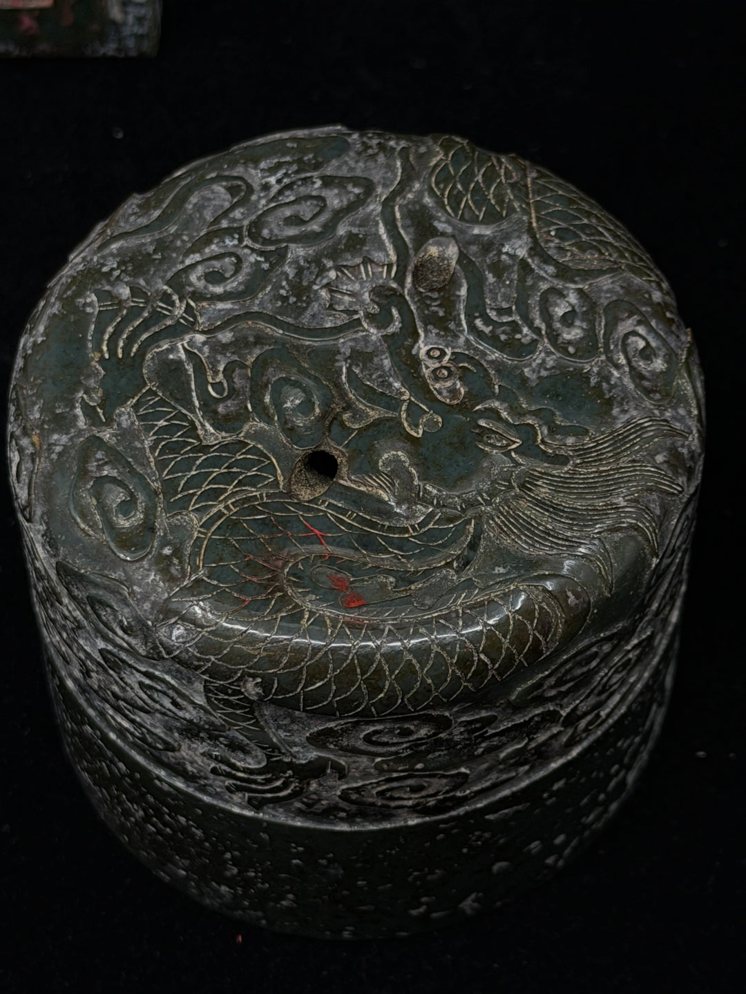 Large Chinese Carved Green Stone Dragon Seal / Chop Set with Matching Paste Box and Wood Stand