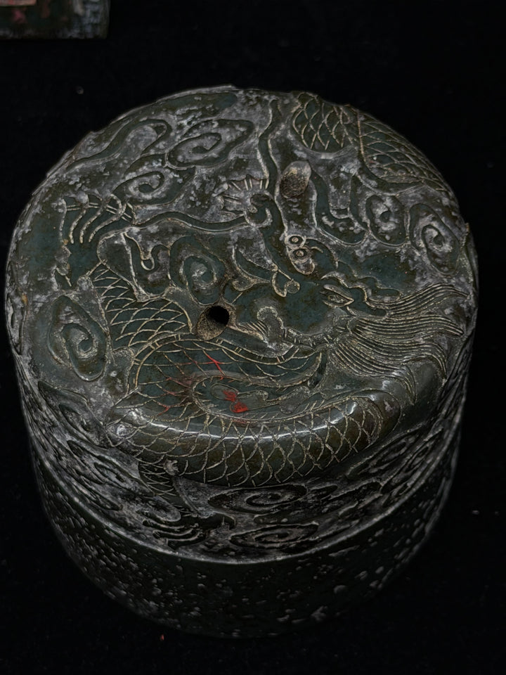 Large Chinese Carved Green Stone Dragon Seal / Chop Set with Matching Paste Box and Wood Stand