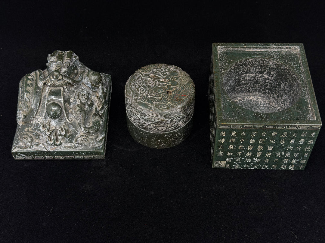 Large Chinese Carved Green Stone Dragon Seal / Chop Set with Matching Paste Box and Wood Stand